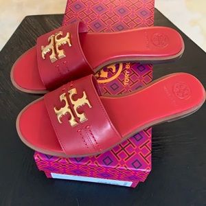 SALE! Worn once! Tory Burch slides red leather